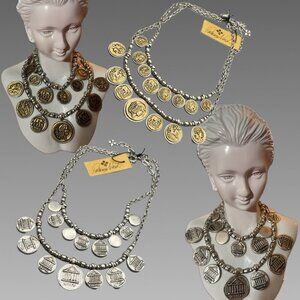 Patricia Nash Reversible Roman Coins Etched Beaded Chain Double Strand Necklace